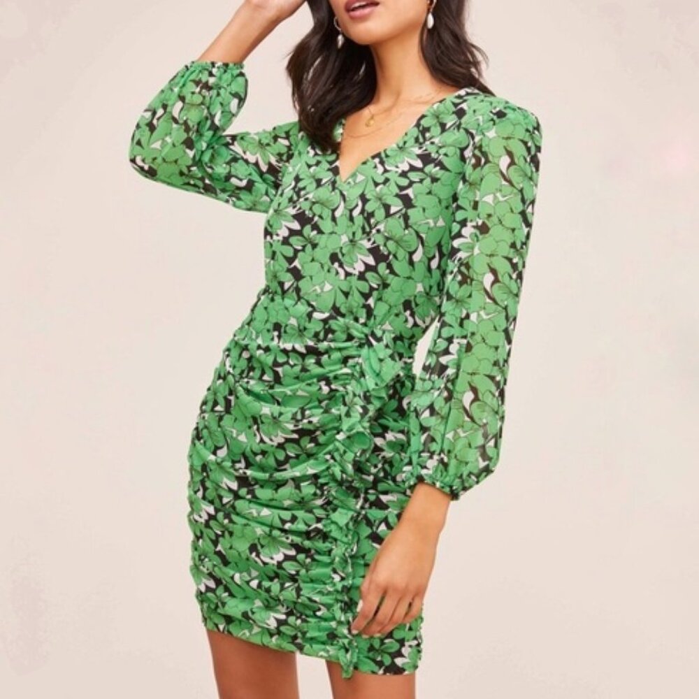 ASTR the Label // Shirred Green Floral Ruched Dress XS